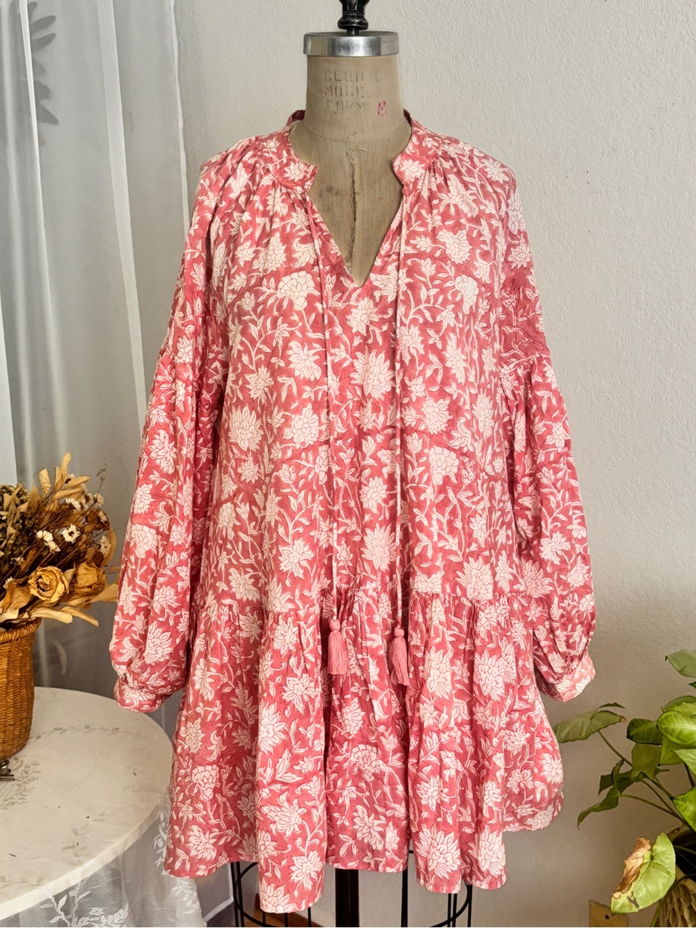 Pink Floral Long-Sleeve Tiered Tassel Dress